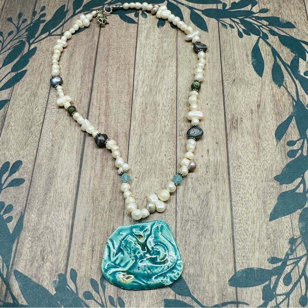 Turquoise Ceramic Mermaid Genuine Pearl Necklace‎ B6
